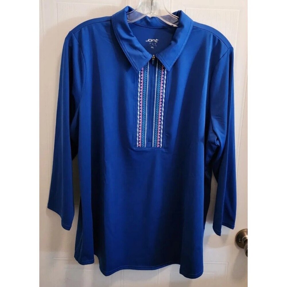 Jofit Women's 3/4 Sleeve Half Zip Embroidered Neck Athletic Golf Top Blue Sz XXL